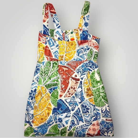 Farm Rio Patchwork Tile Print Mini Dress Bright Multicolor Summer Dress Medium - Picture 4 of 6